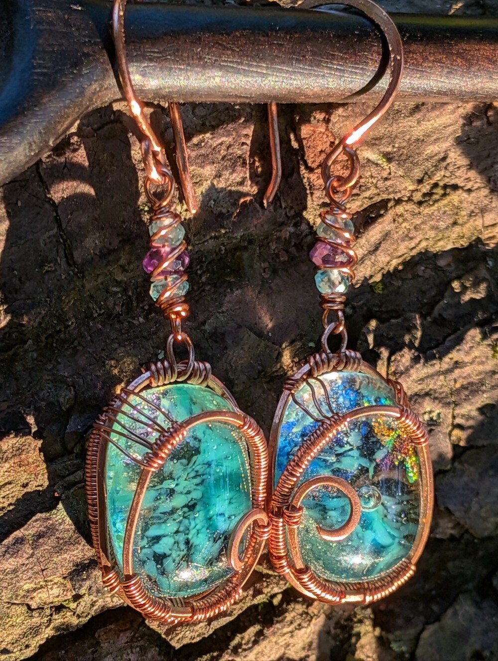 Mermaid Goddess Earrings - Artisan Dichroic Glass with Natural Gems in Copper - Picture 7 of 16